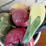 Coupe de fruits et légumes céramique trompe l'oeil mid-century
