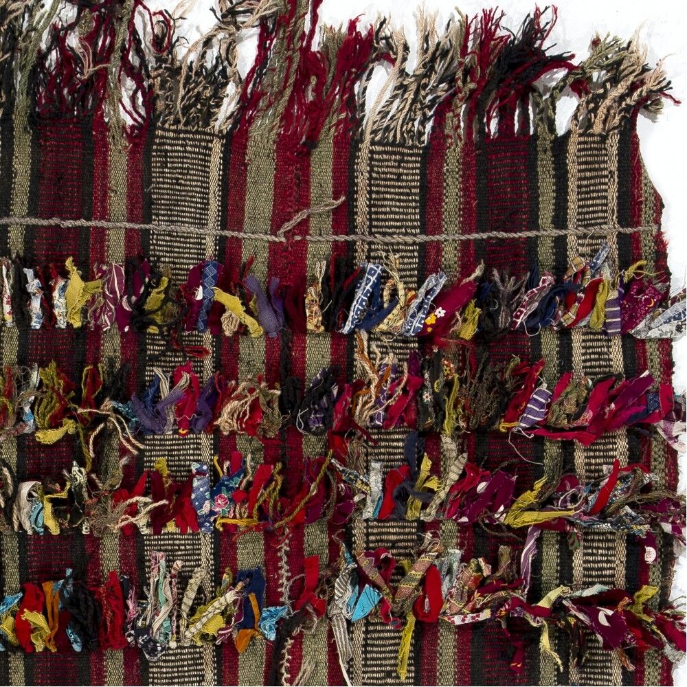 Vintage Tribal Turkish Kilim Rug with Colorful Pom Poms, Folk Art Wall Hanging