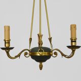 Chandelier, suspension in gilded bronze and green sheet metal with 3 arms, Empire style. Early 20th century
