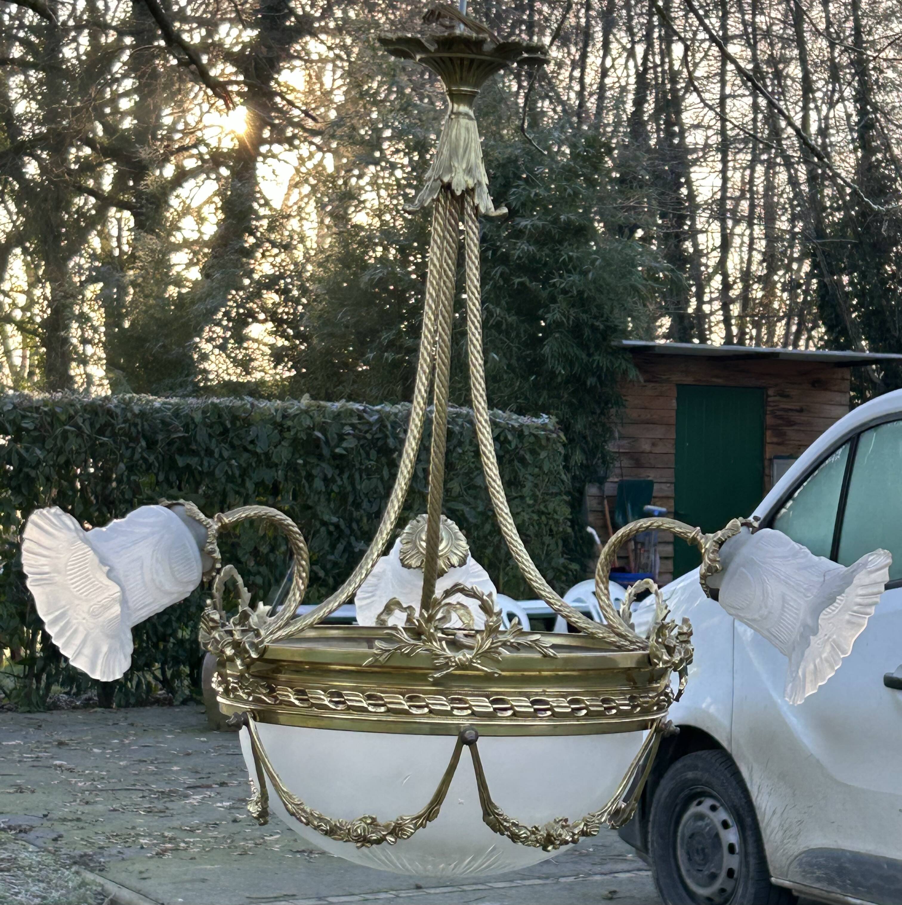 Superbe lustre Bronze Art Déco mélange de style, vers 1930/50, 3 branches 4