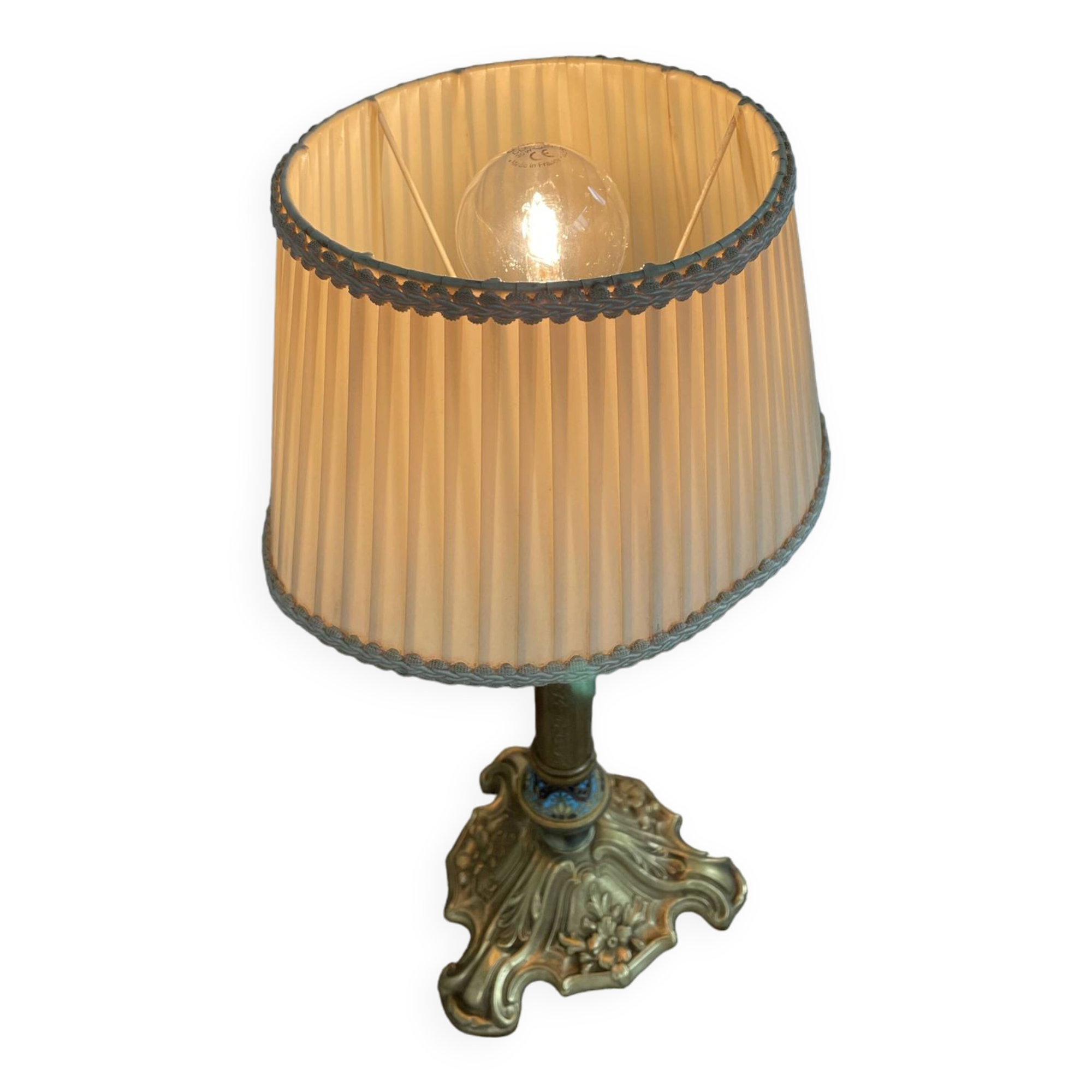 Antique, lamp, bronze, candle holder, gold, cloisonné enamel, ecru white lampshade, flower decor, leaf