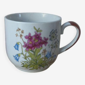 Old ceramic flower cup, vintage bohemian field flowers