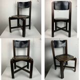 Set of 4 architectural brutalist dining chairs in beech wood, 1970s