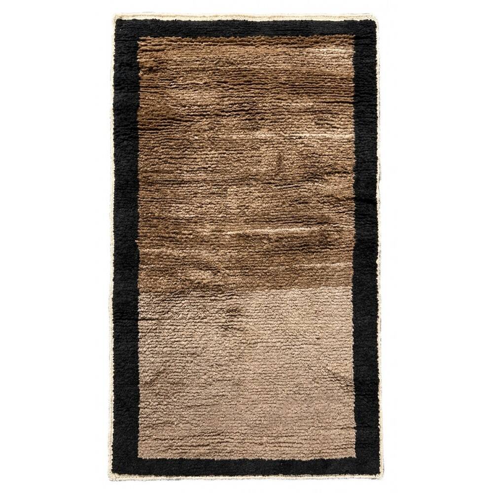 Hand-Knotted Turkish Tulu Rug. 100% Wool Minimalist Border Design. Beige, Brown & Black Colors. Custom Options Available