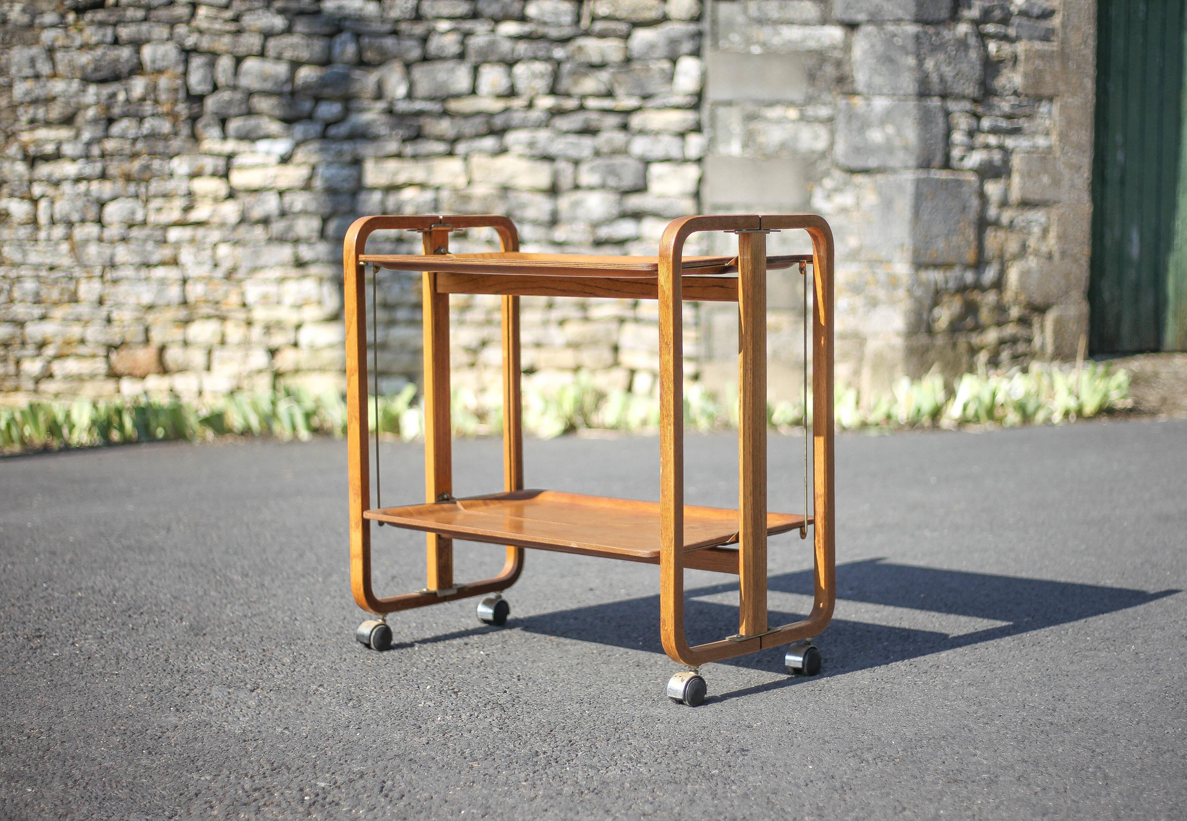 Vintage serving trolley, folding trolley, thermoformed wooden serving trolley