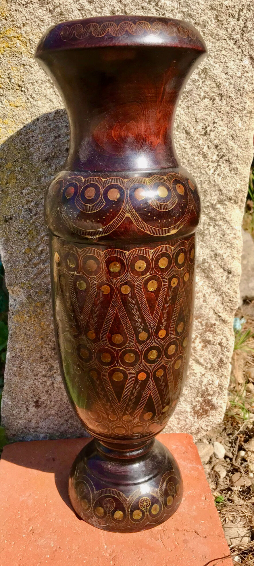 Wooden vase turned inlay oriental brass