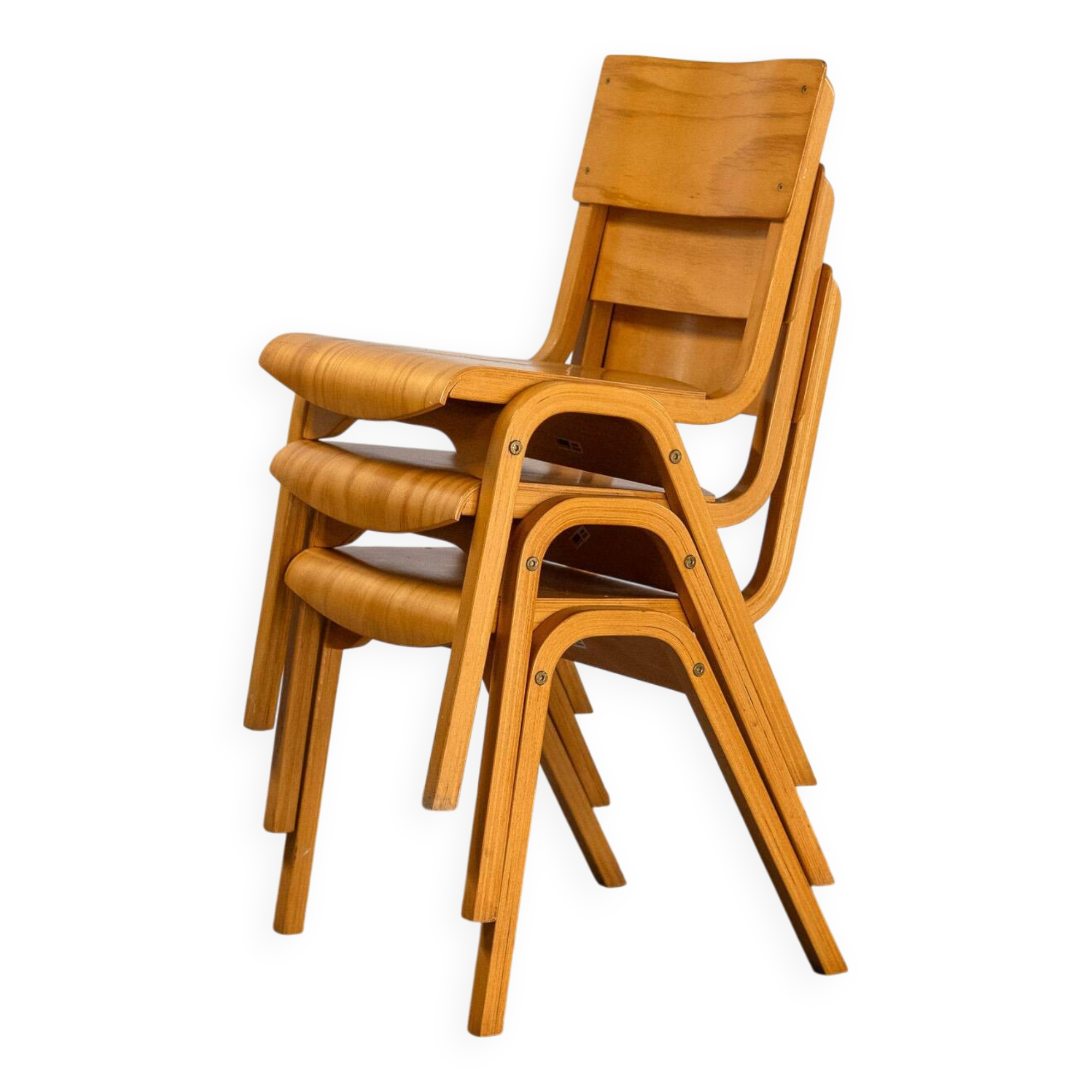 Vintage Stackable School Chairs made of wood and plywood, UK, 1970s