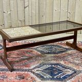 English teak coffee table with glass and tiled top - 1970s work