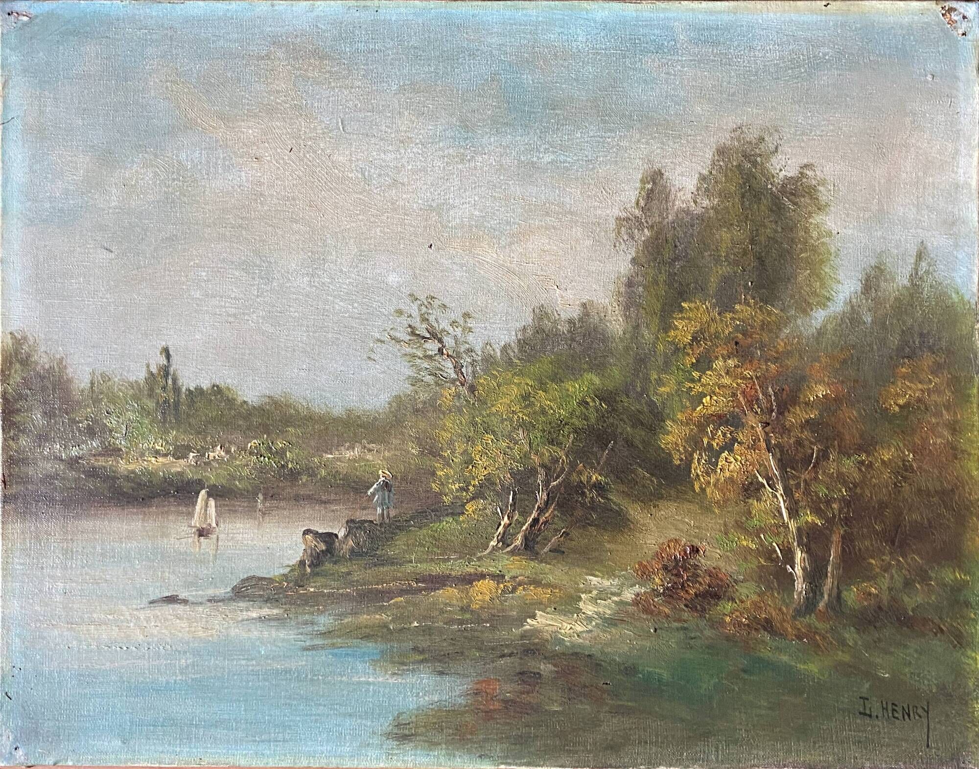 Hst painting "landscape with young fisherman" by lucien henry (1850-1896)