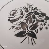Plat à tarte ou à gâteau 2 anses en faïence ancienne décor roses grises