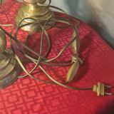 Pair of antique brass lamps, glass lampshades, 42x20, stained glass, Tiffany style.ent