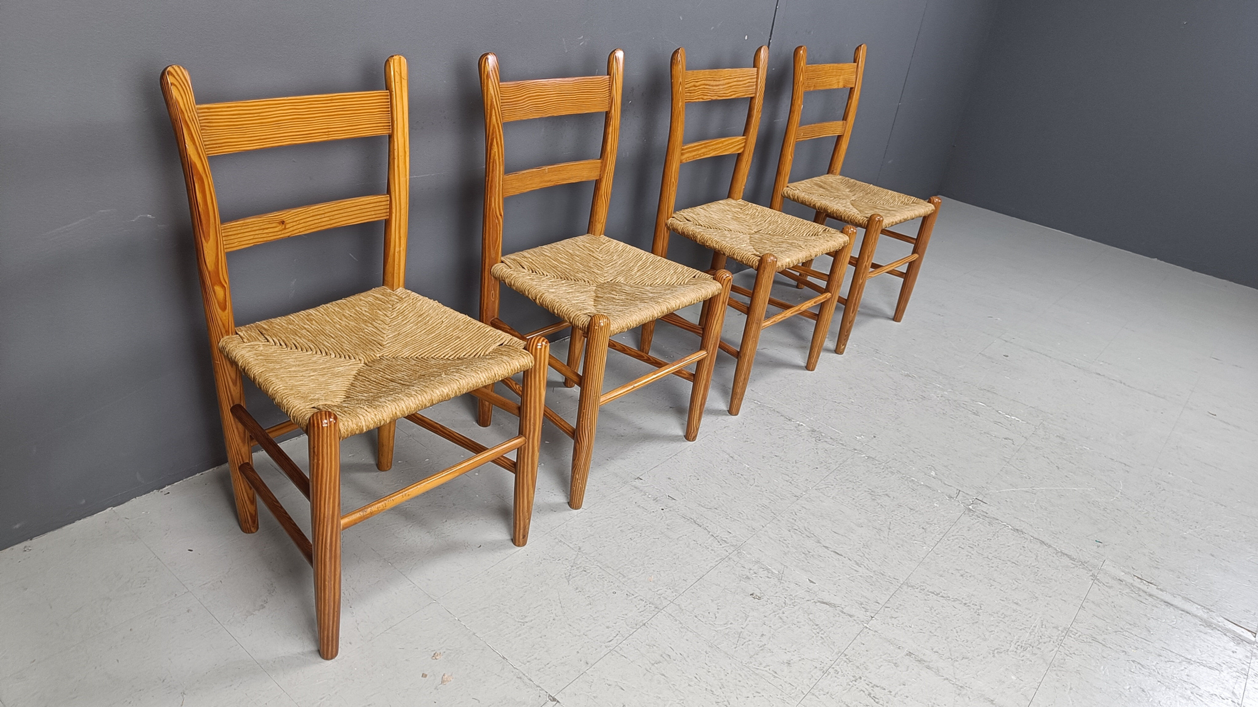 Mid-century oak and wicker dining chairs, set of 4 - 1970s