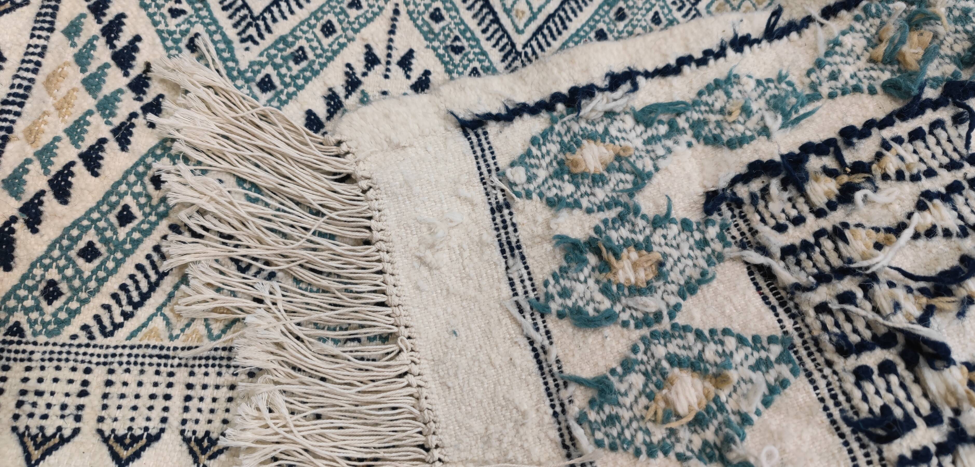 Handmade white blue and beige margoum rug