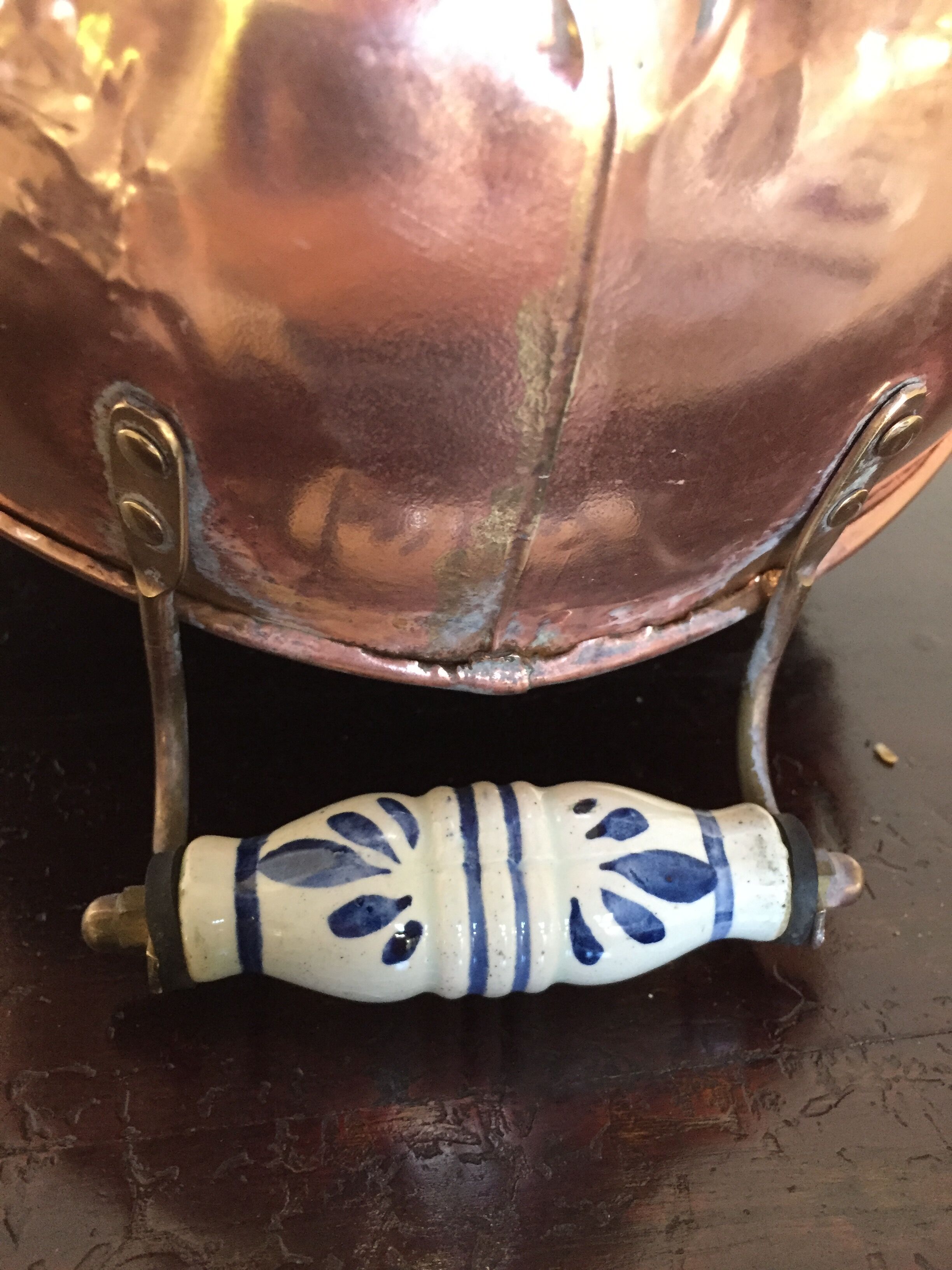 Ancient pink copper pot cover and porcelain handle