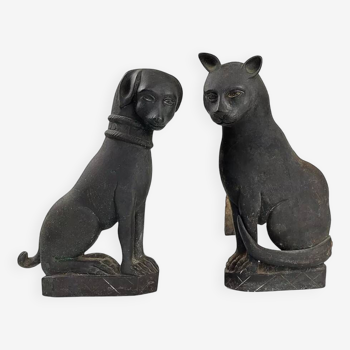 Paire de chenets anciens "Chien et Chat" en bronze, 19ème