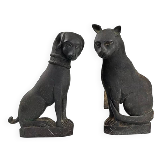Paire de chenets anciens "Chien et Chat" en bronze, 19ème