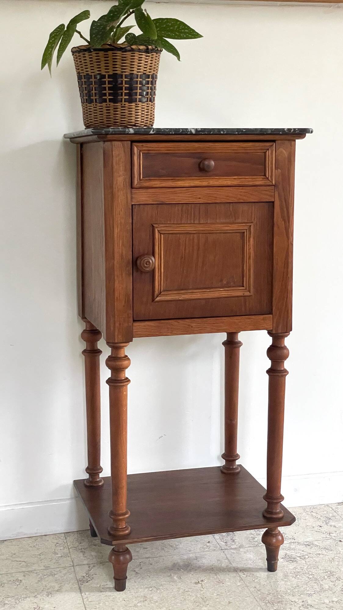 Antique bedside table in wood and marble