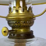Kerosene lamp of patinated metal and shade of white opaline glass, 1860