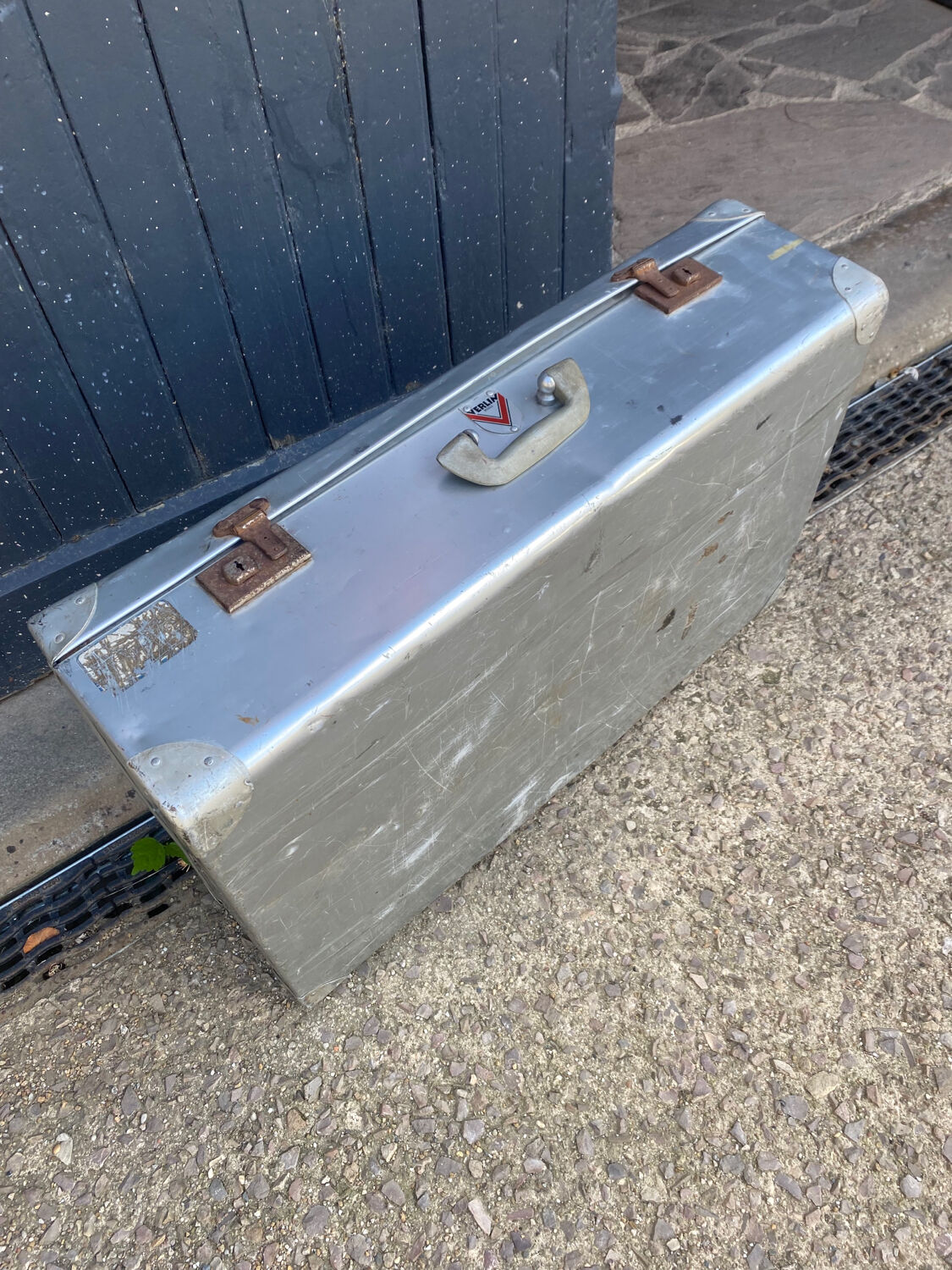 Old large vintage 50s aluminum suitcase