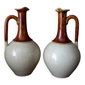 Paire de pichets cruchons carafons aiguières en grès vernissé bicolore - Vases soliflores vintage