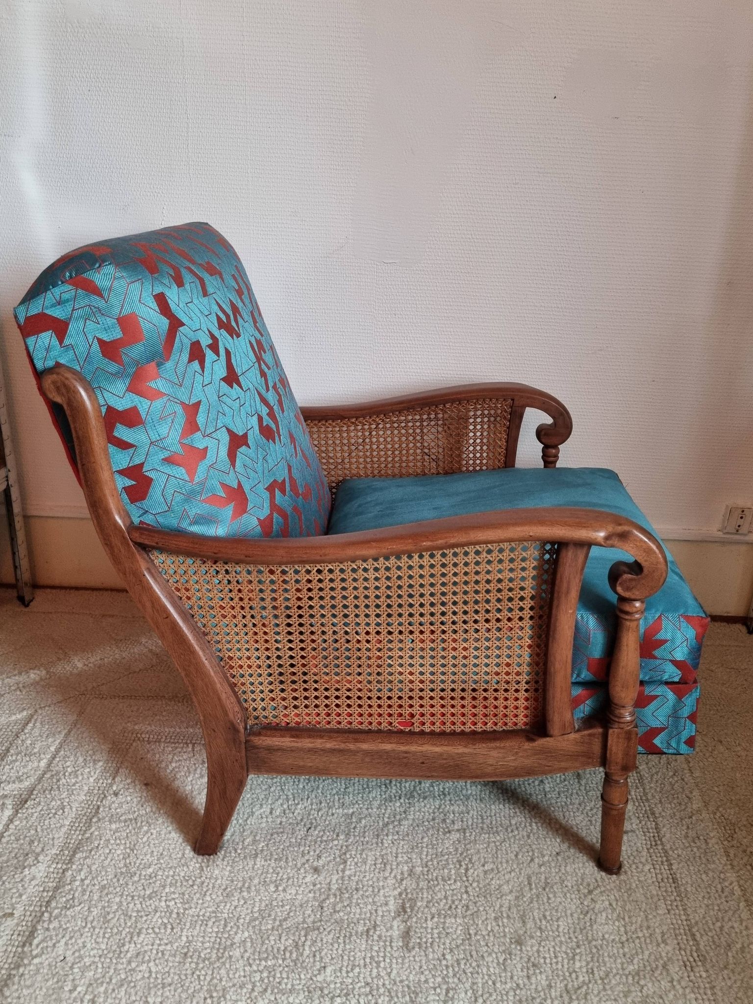 Bridge armchair in wood and cane from the 1950s.