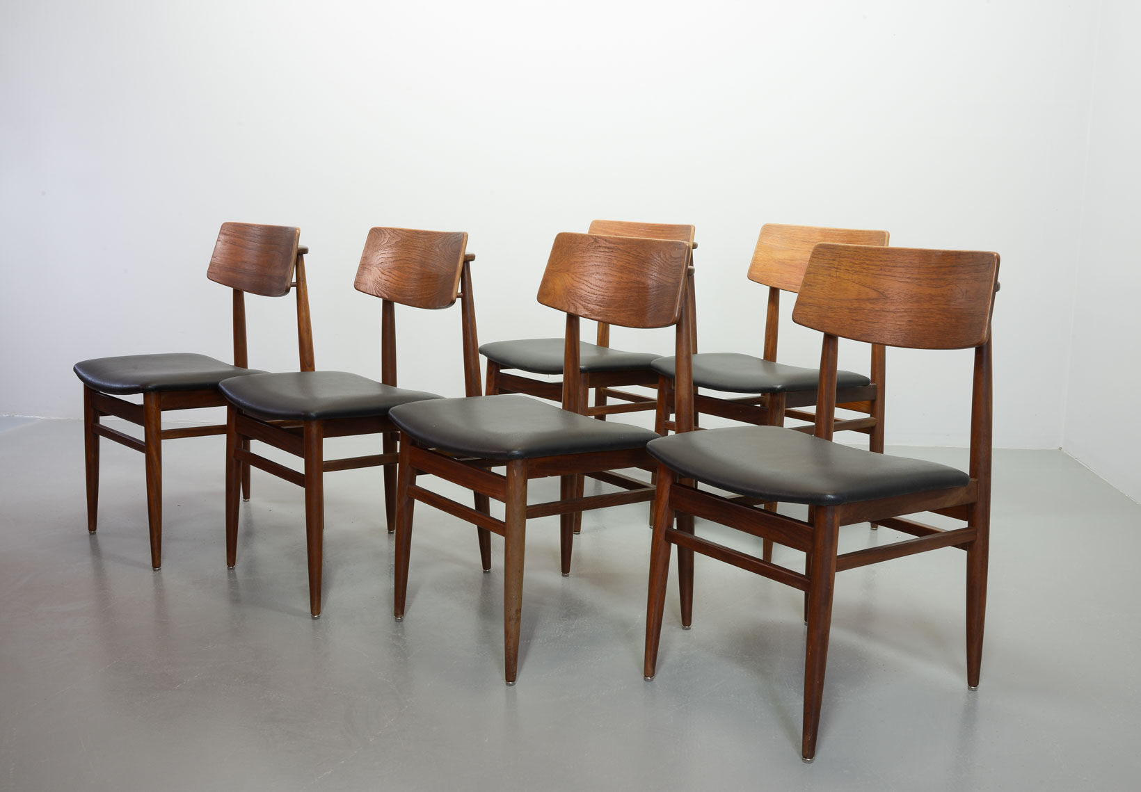 Danish Solid Teak Wooden Dining Chairs with Black Leatherette Seating 1960s