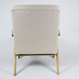 Fauteuil vernis original, années 1960, restauré, modèle B310, tissu beige, vernis en teck