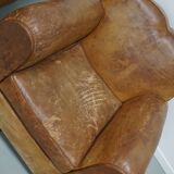 Pair of French club chairs with moustache back in cognac leather, 1940s
