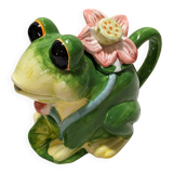 Frog teapot in earthenware with its lid and flowers.