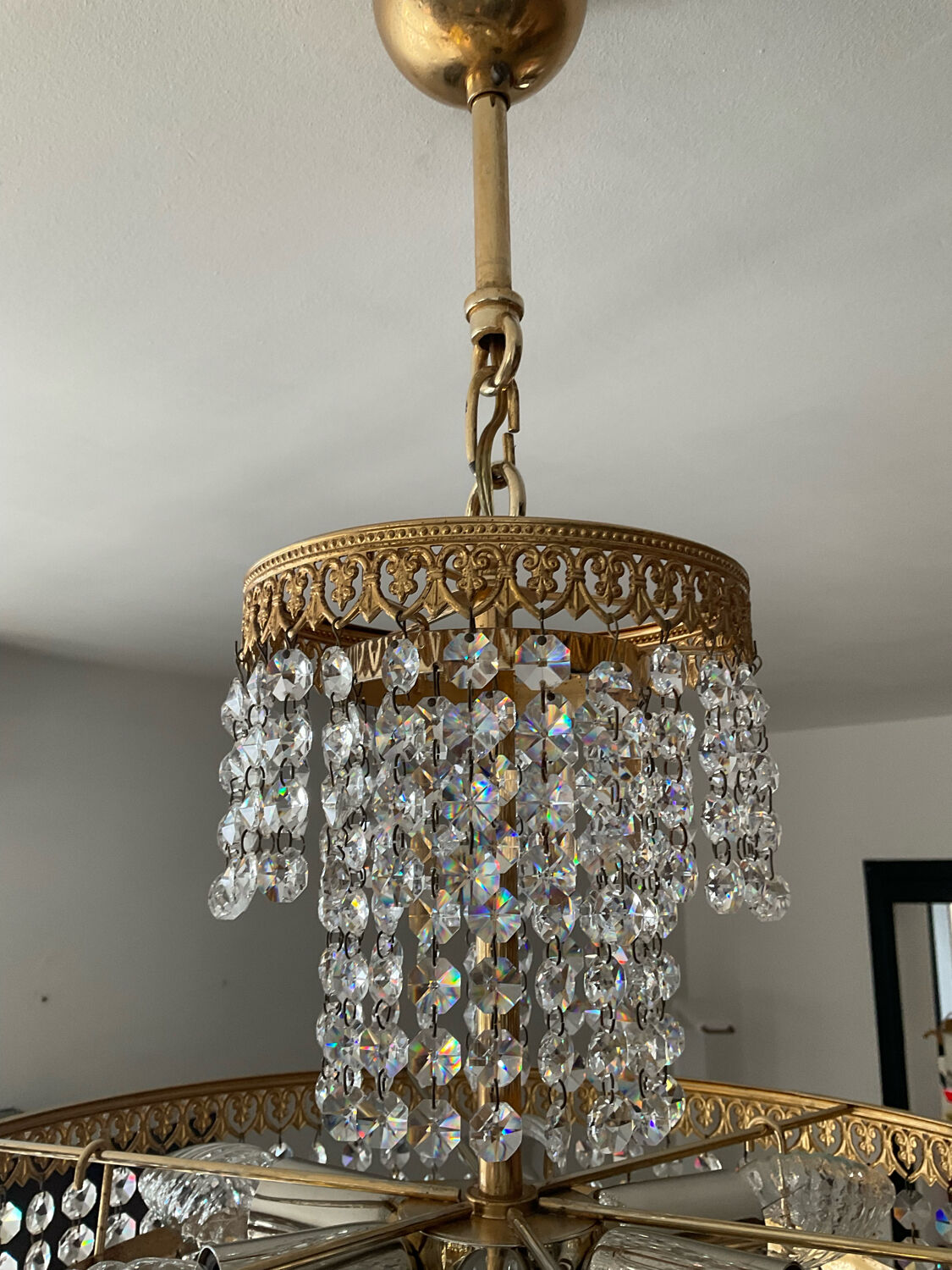 Brass chandelier and crystal tassel waterfall