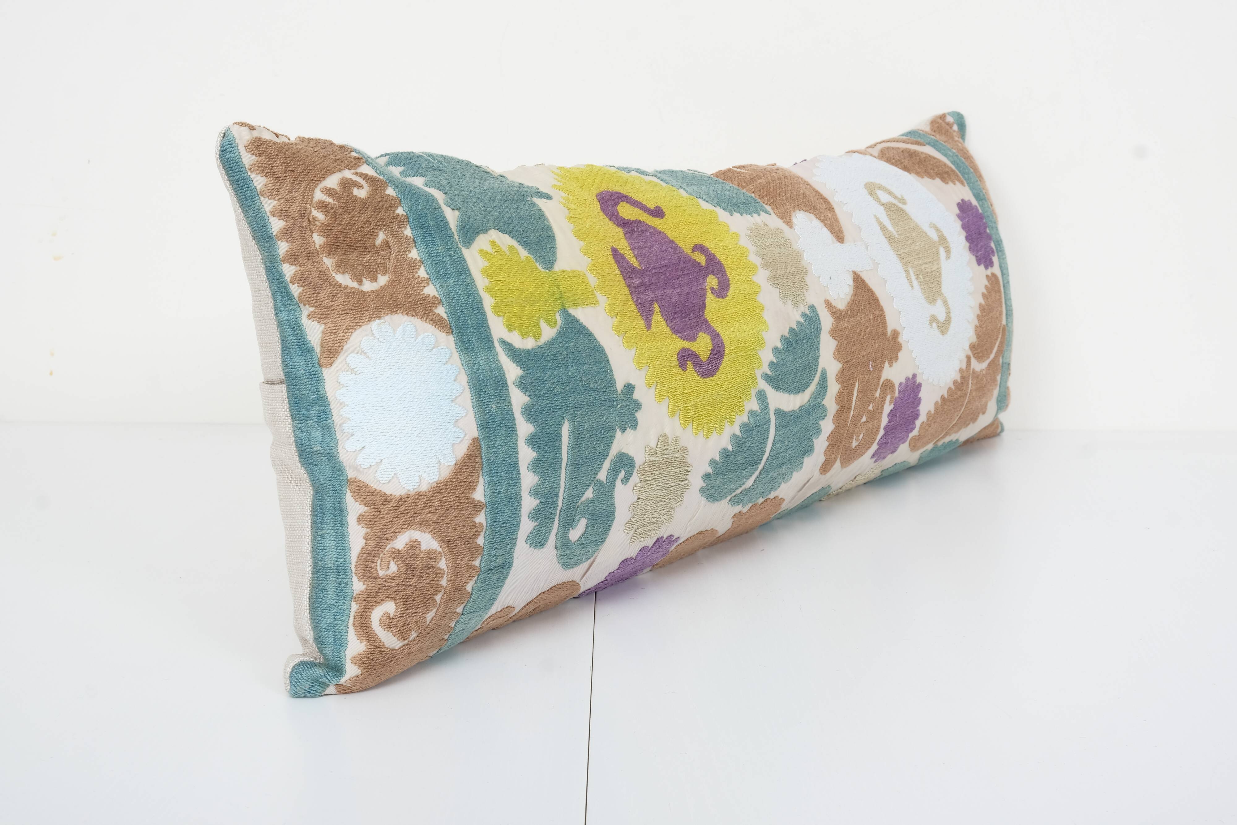 10" x 30" uzbek colorful suzani cushion cover, suzani pillow case made from a 19th century suzani