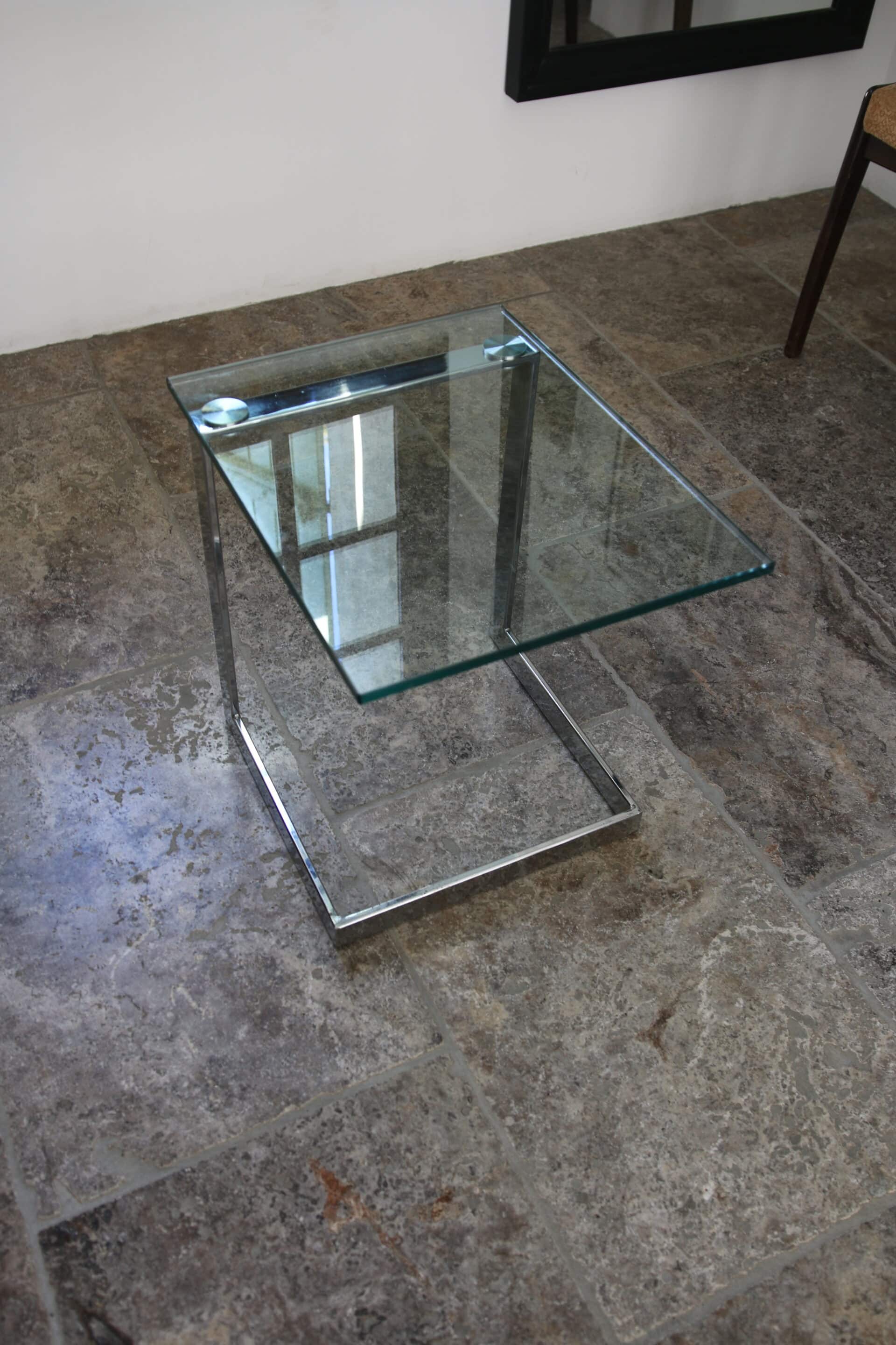 Table d’appoint verre, chrome  « Gebra », années 80, étiquette d'origine