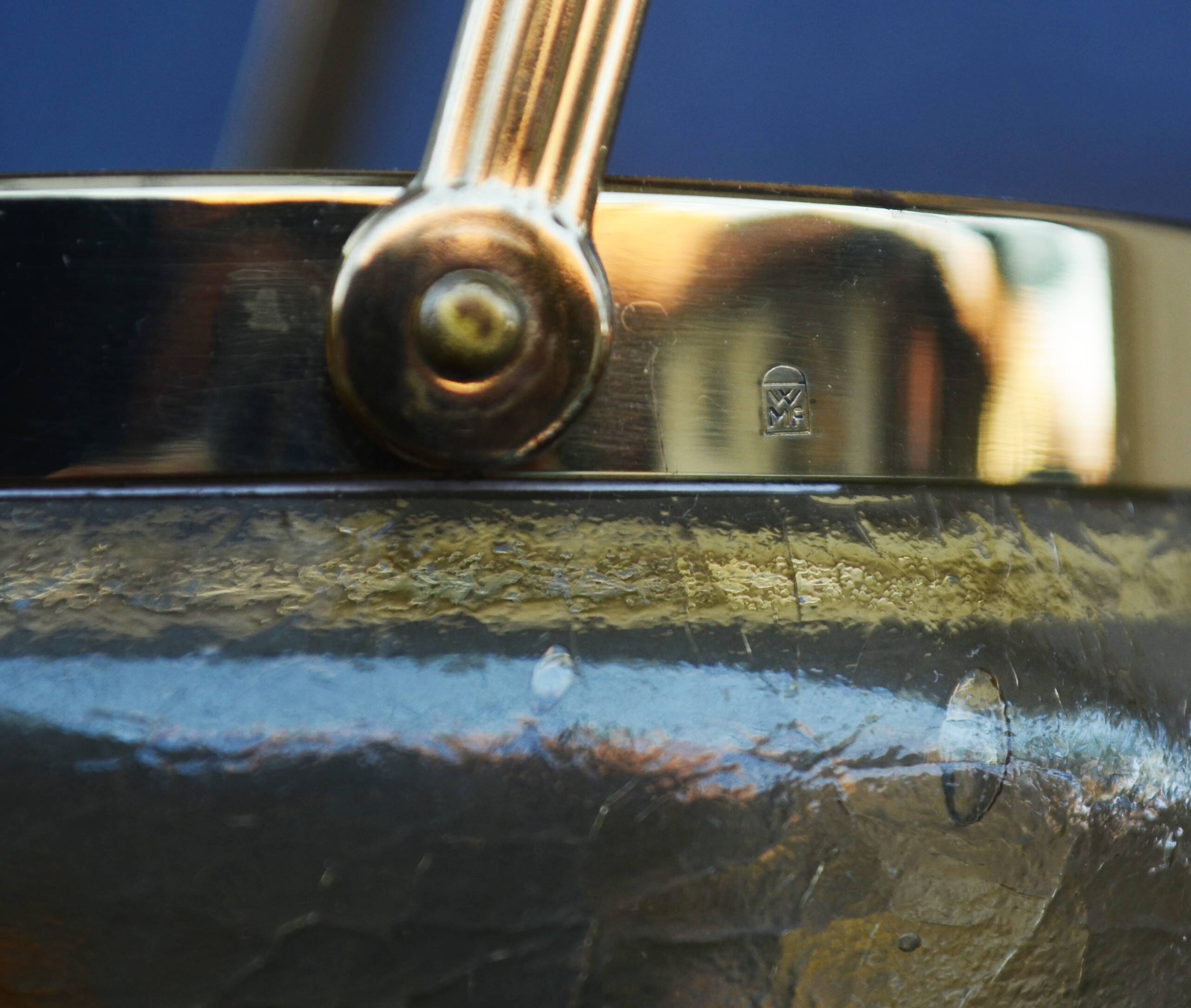 Mid Century Crackle Amber Glass Ice Bucket WMF With Ratan Handle