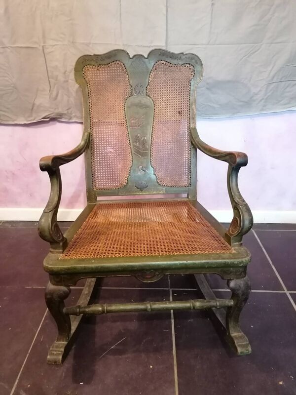Rocking Chair XIXe Japonisant, laque verte et cannage
