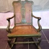 19th century Japanese rocking chair, green lacquer and canework