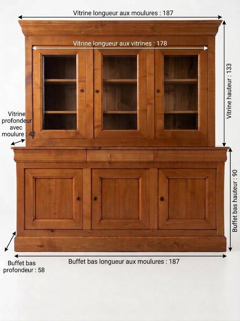 Louis Philippe style solid cherry wood buffet and display cabinet set.