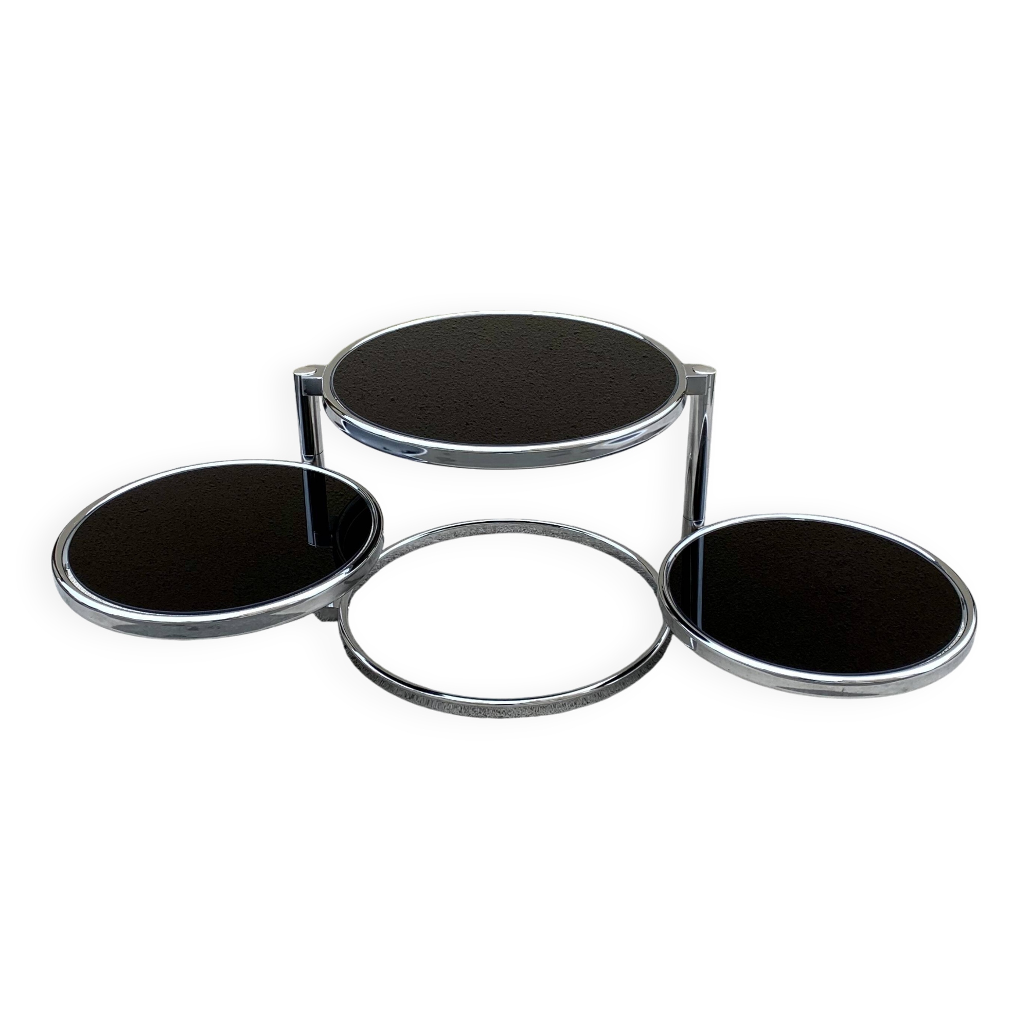 Articulated coffee table with 3 shelves, black glass and chrome, 1980