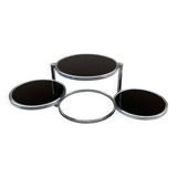 Articulated coffee table with 3 shelves, black glass and chrome, 1980