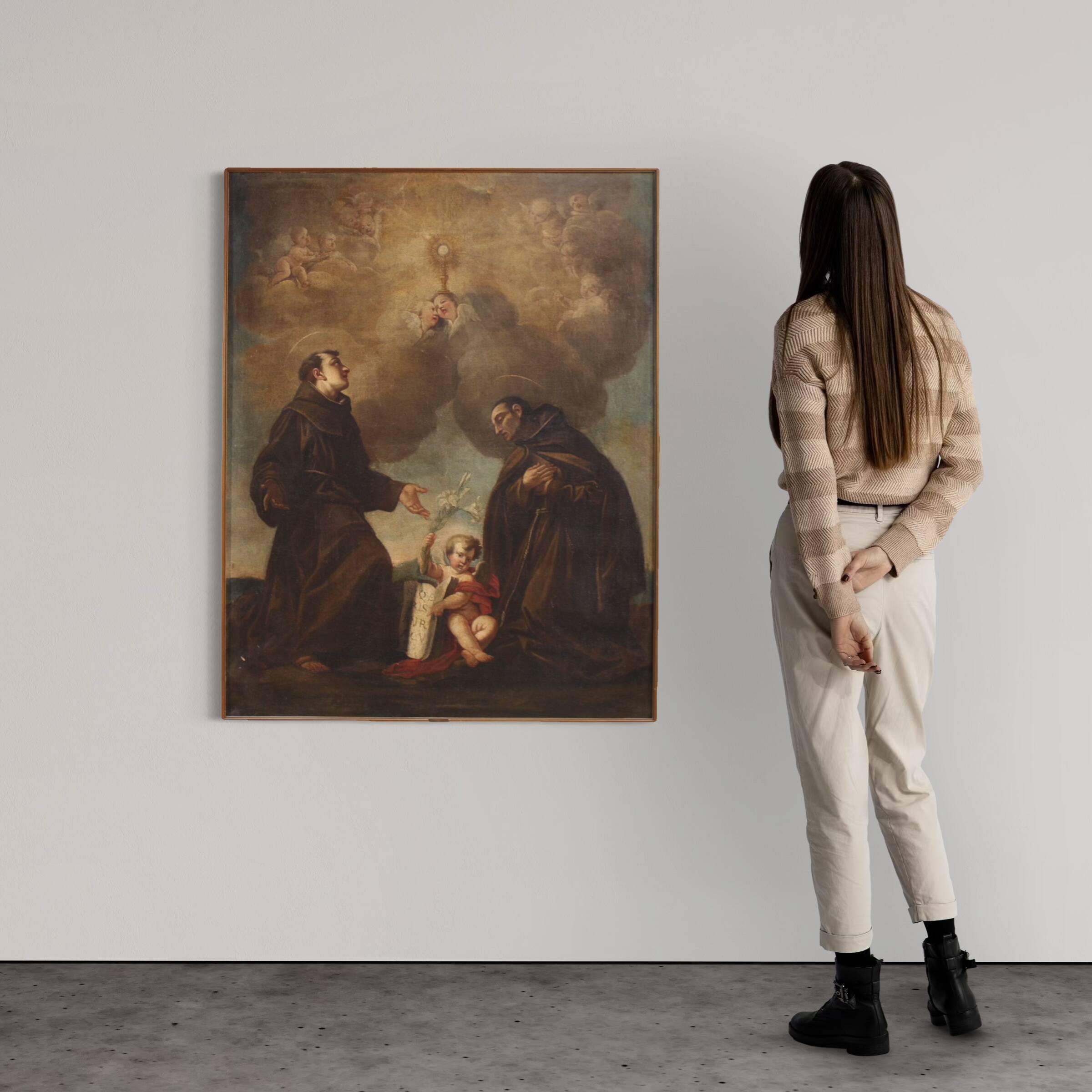 Antique Italian painting of adoration of friars with cherubs 17th century