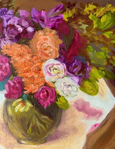 Painting "Bouquet of roses in vase" HST/P signed P. Jolly