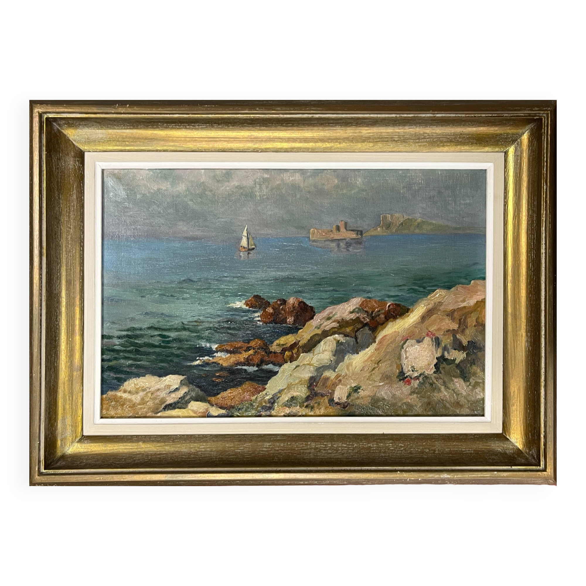 HST Mediterranean Marine Marseille painting? circa 1950 + frame