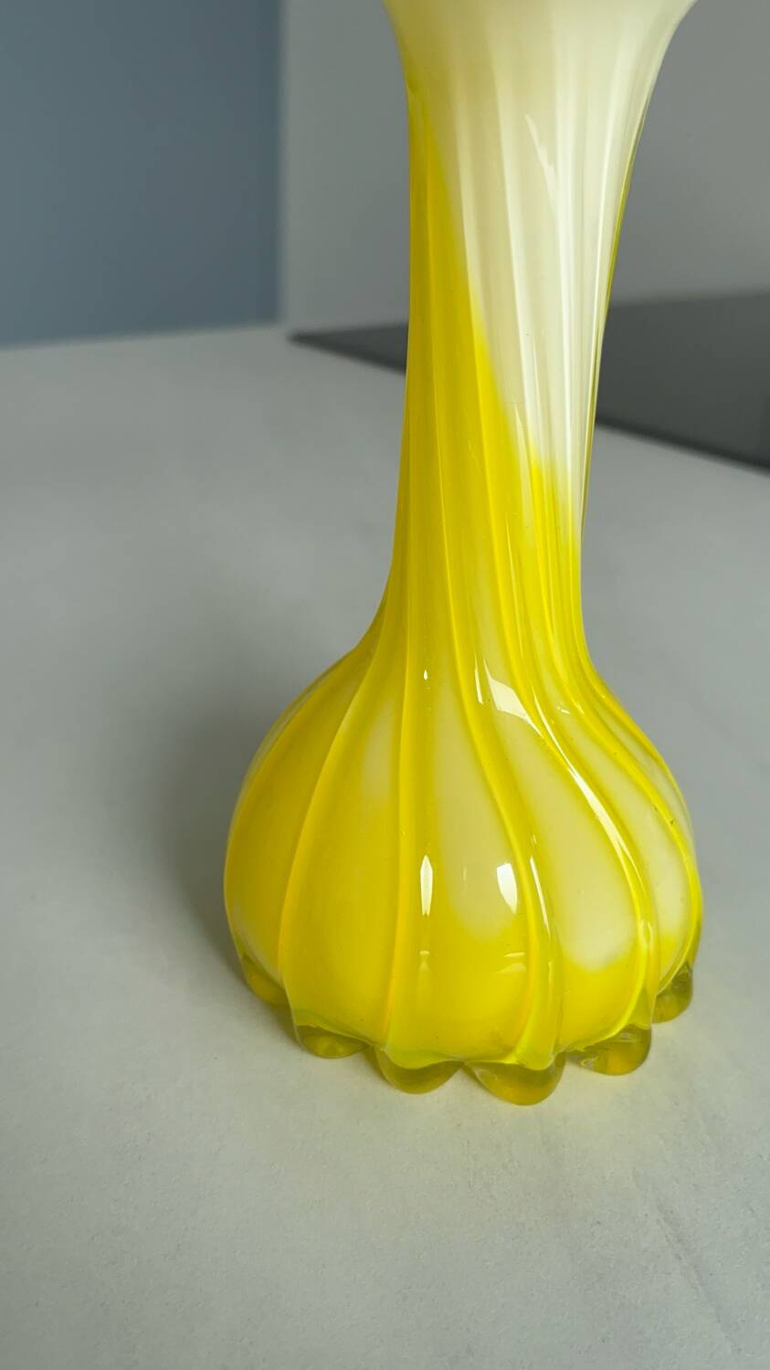 Yellow flower-shaped vase, vintage opaline glass, home decor, spring.