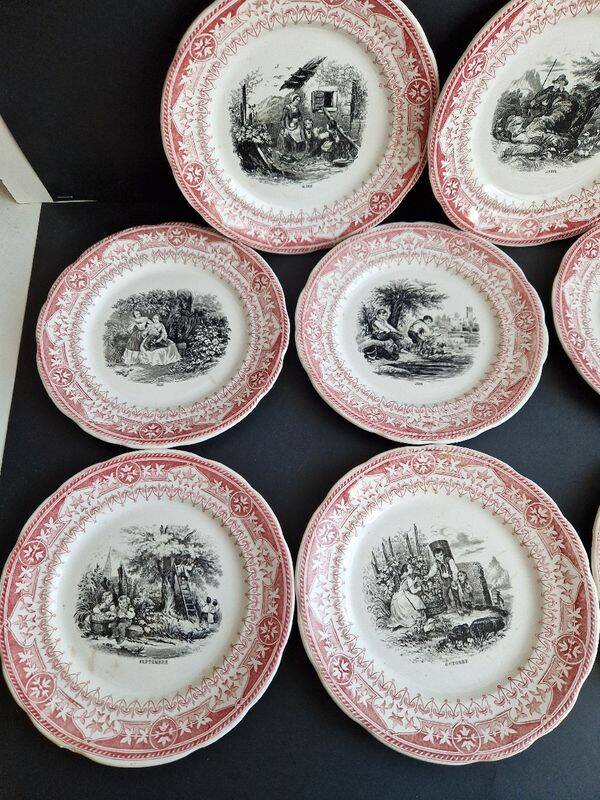 Set of 8 "Month" ceramic talking plates Digoin Sarreguemines