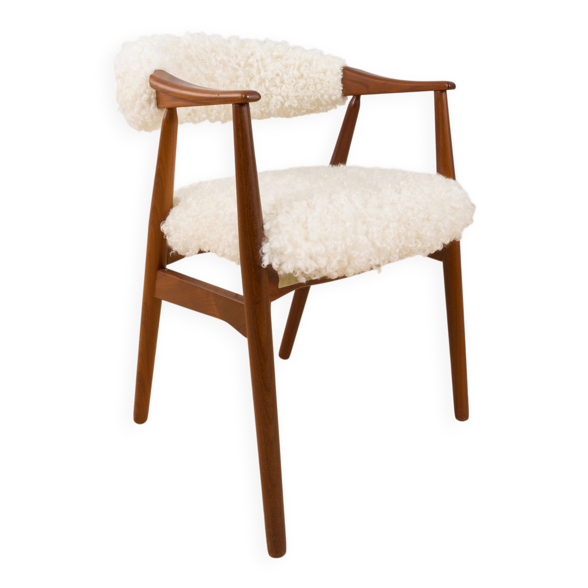 Th. Herlev, Farstrup solid teak chair in natural sheepskin upholstery, Denm