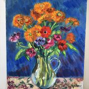 Anemones and marigolds, oil on canvas signed Gisèle Renaut.