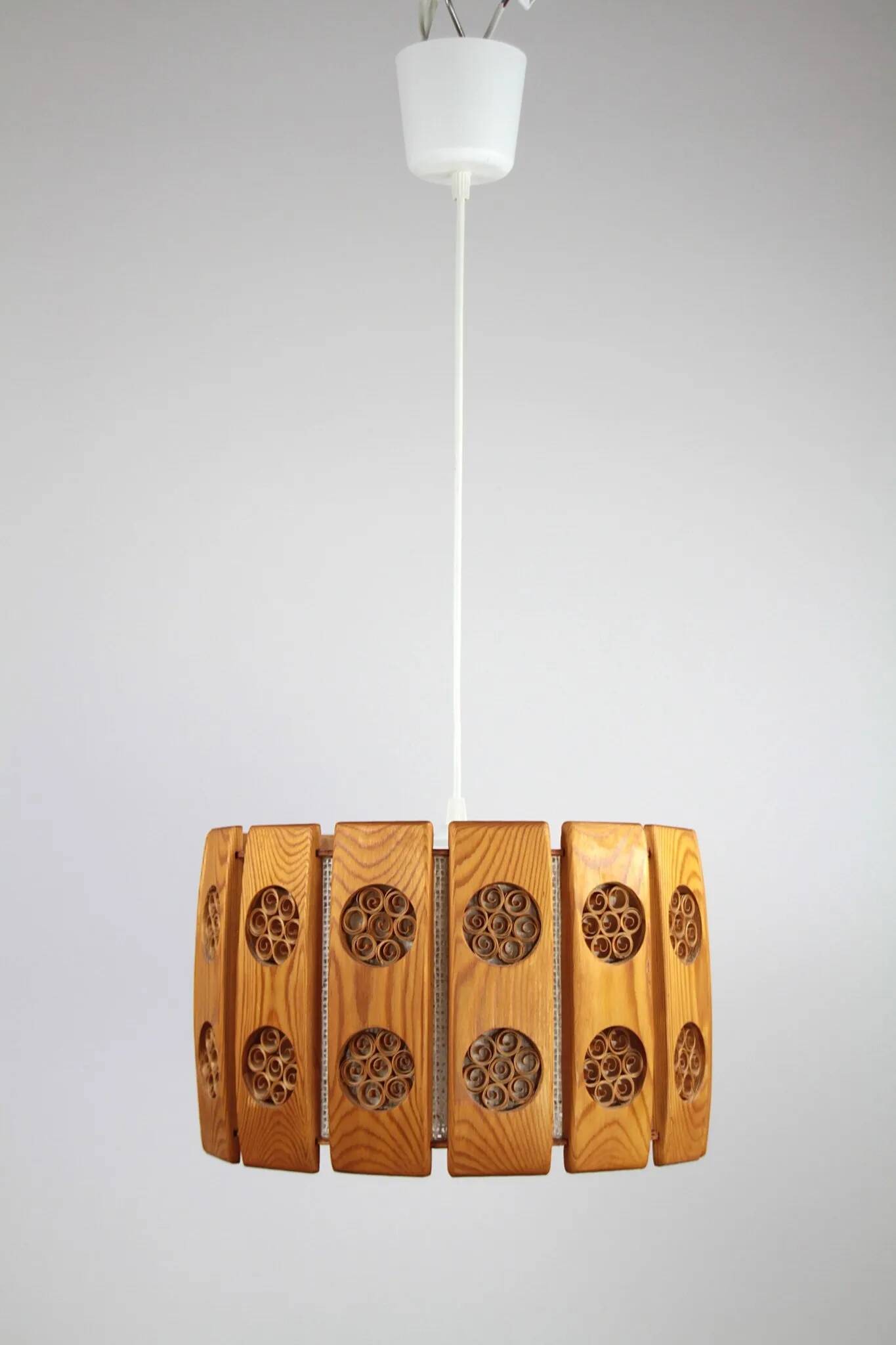Pine Pendant Lamp with Rolled Wood Curl Rosettes – Sweden, 1970s