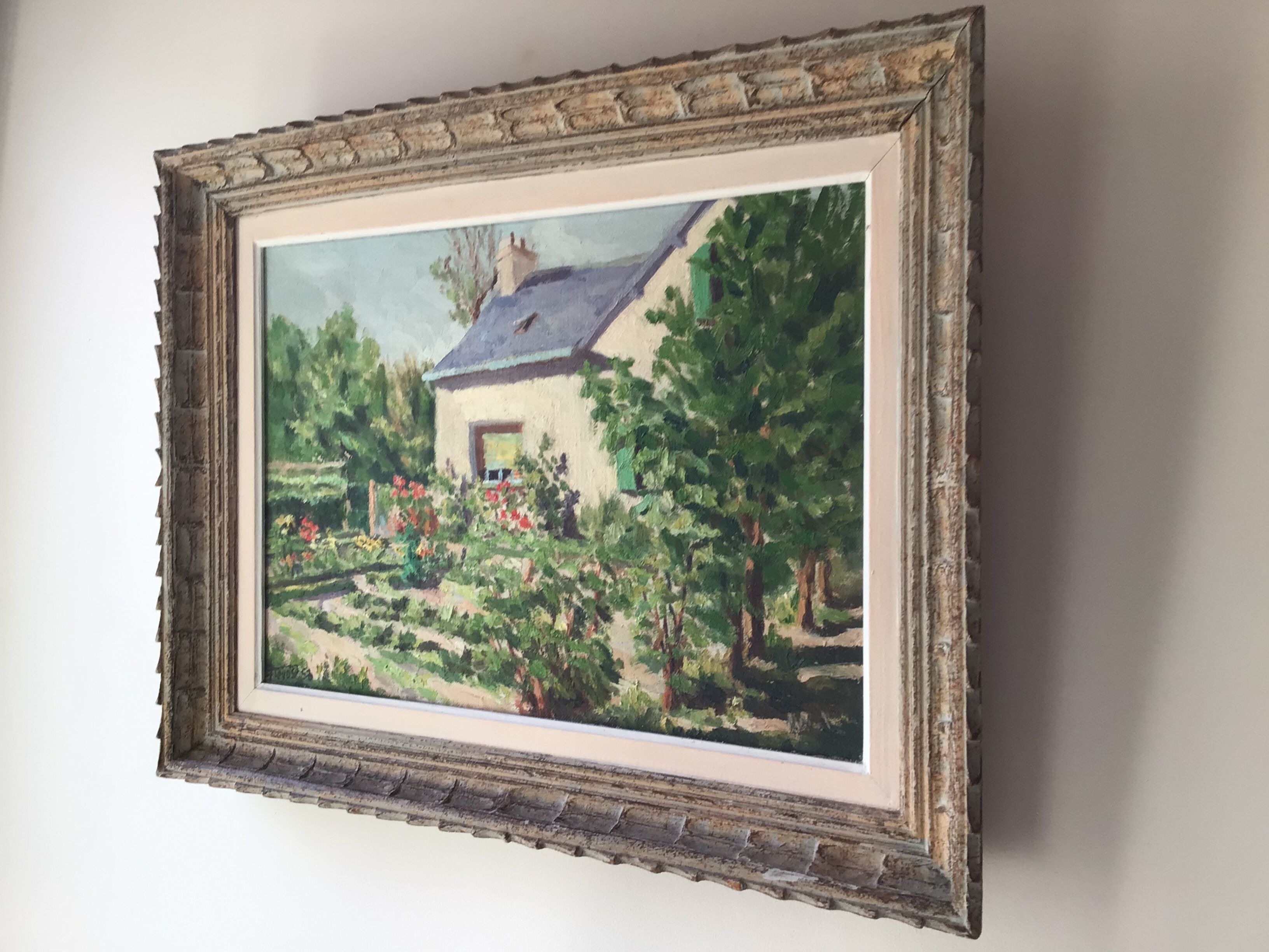 Huile sur toile 1953 Jardin d’été signée cadre bois patiné
