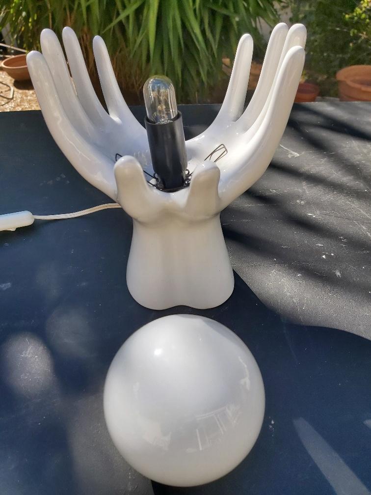 White ceramic hand lamp opaline ball 70s
