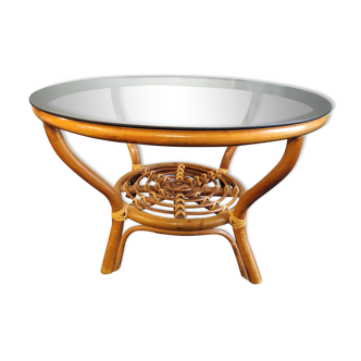 Table basse ronde en rotin et verre fumé, vintage années 60