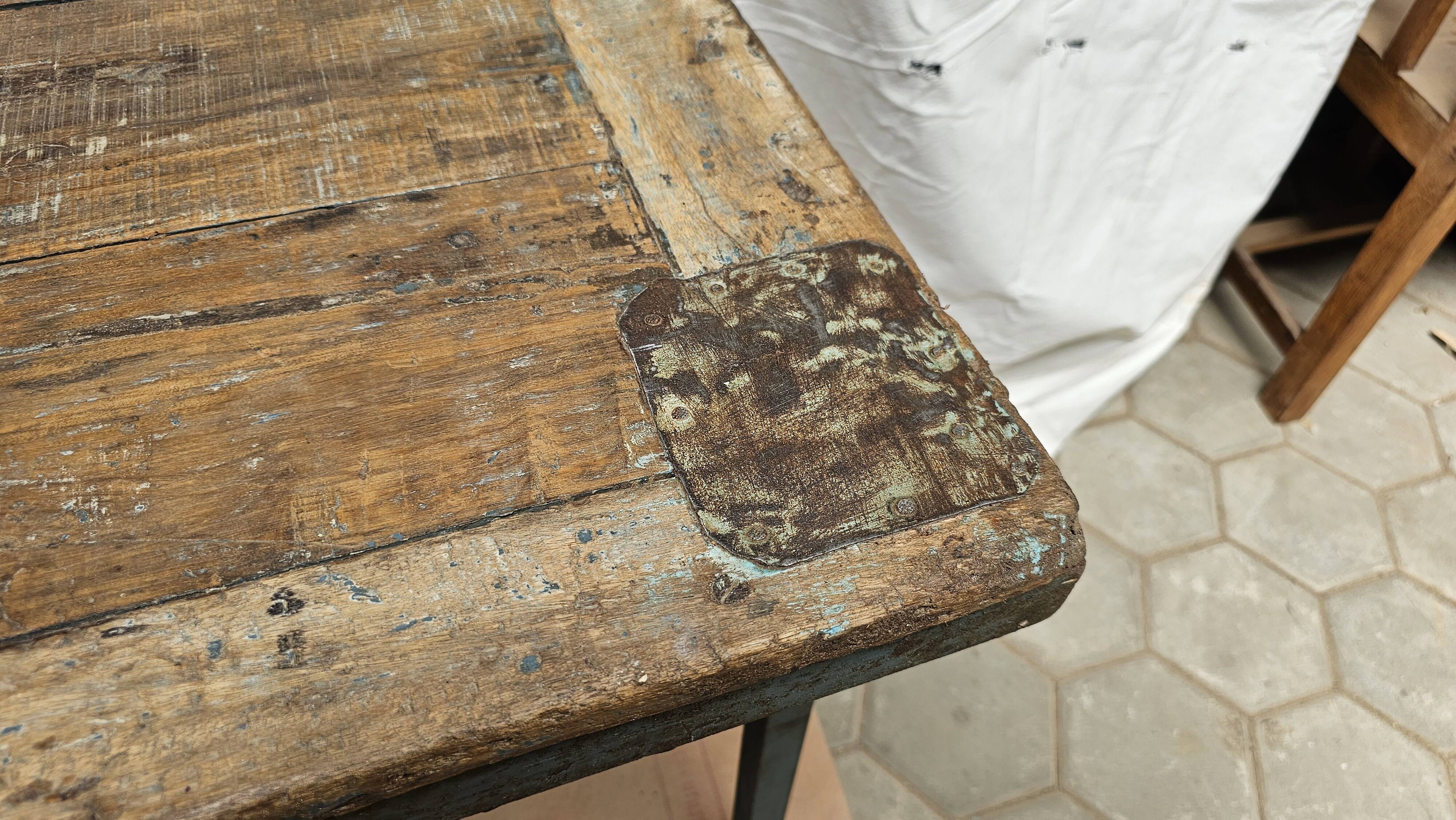Table pliante d'atelier en teck et fer forgé